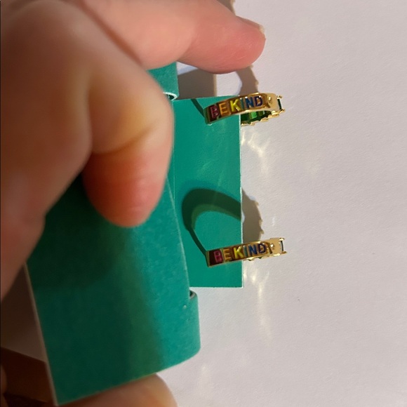 Kurt Geiger Huggie hoop earrings/Be kind in rainbow on back in dust bag NWT - Picture 7 of 14